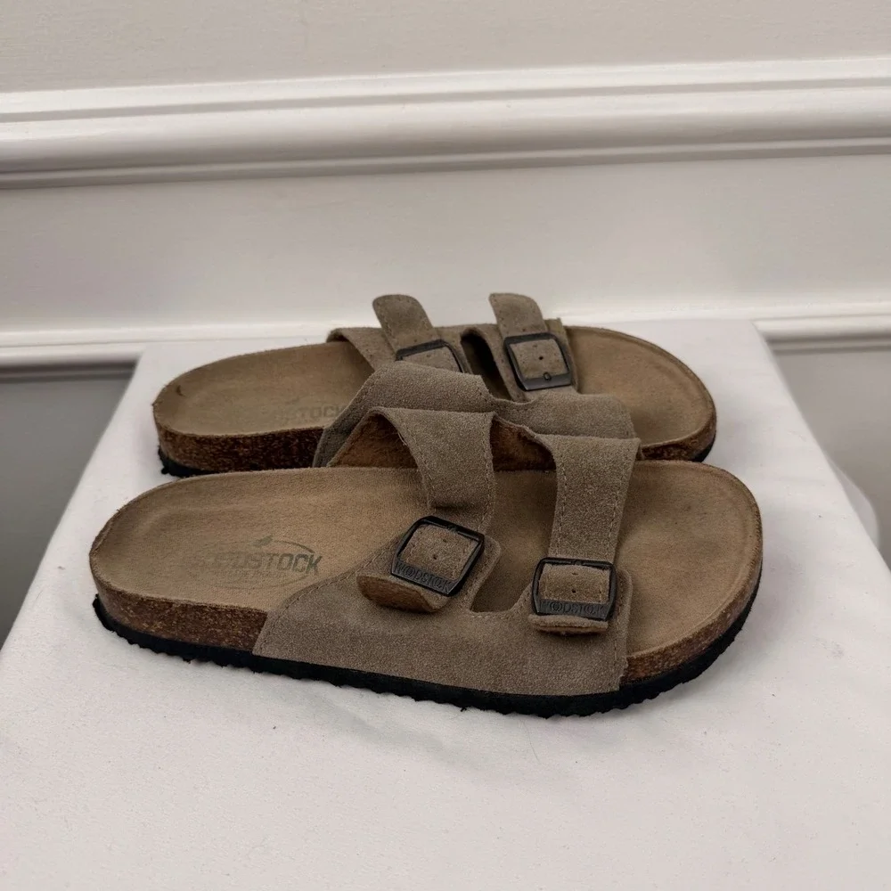 Woodstock Boys Suede Two Strap Slide Sandals Brown Taupe Size 2M